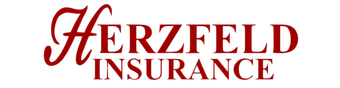 The logo for herzfeld insurance is red on a white background