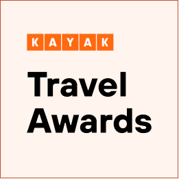 Kayak Travel Awards logo: Orange blocks spell KAYAK, below is “Travel Awards” in black.