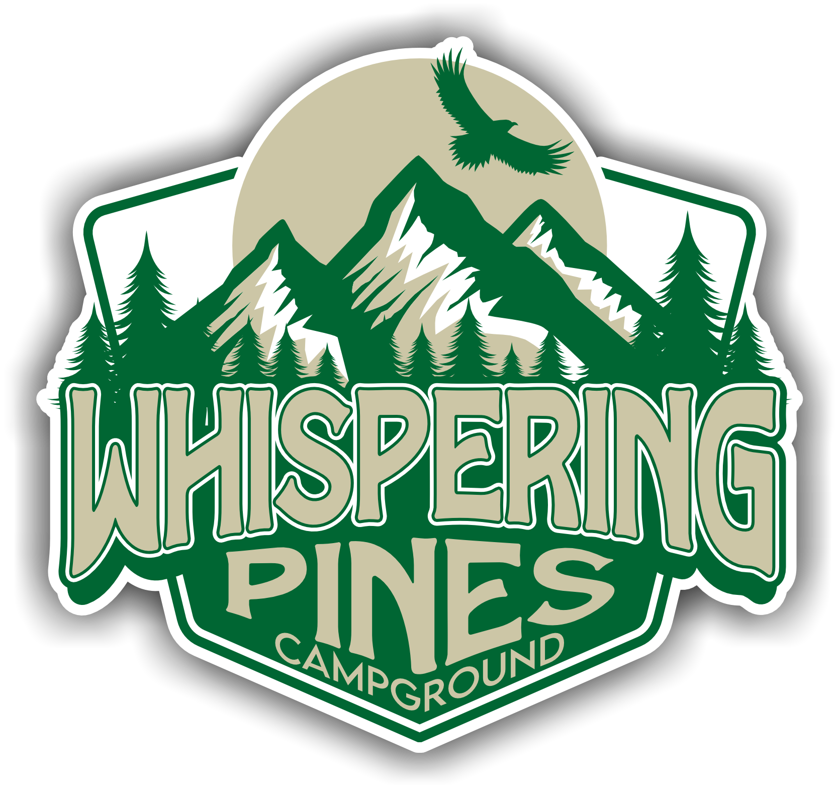 a logo for whispering pines campground with mountains and trees