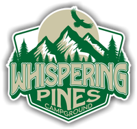 a logo for whispering pines campground with mountains and trees