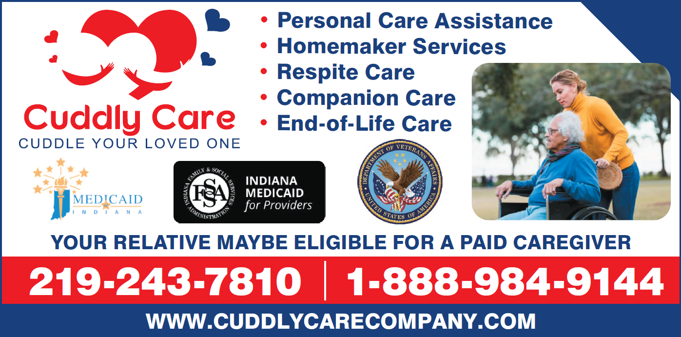 Advertisement for Cuddly Care, offering senior care services. Includes phone numbers and logo.