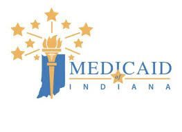Logo for Medicaid of Indiana: Torch over Indiana silhouette, with stars and text.