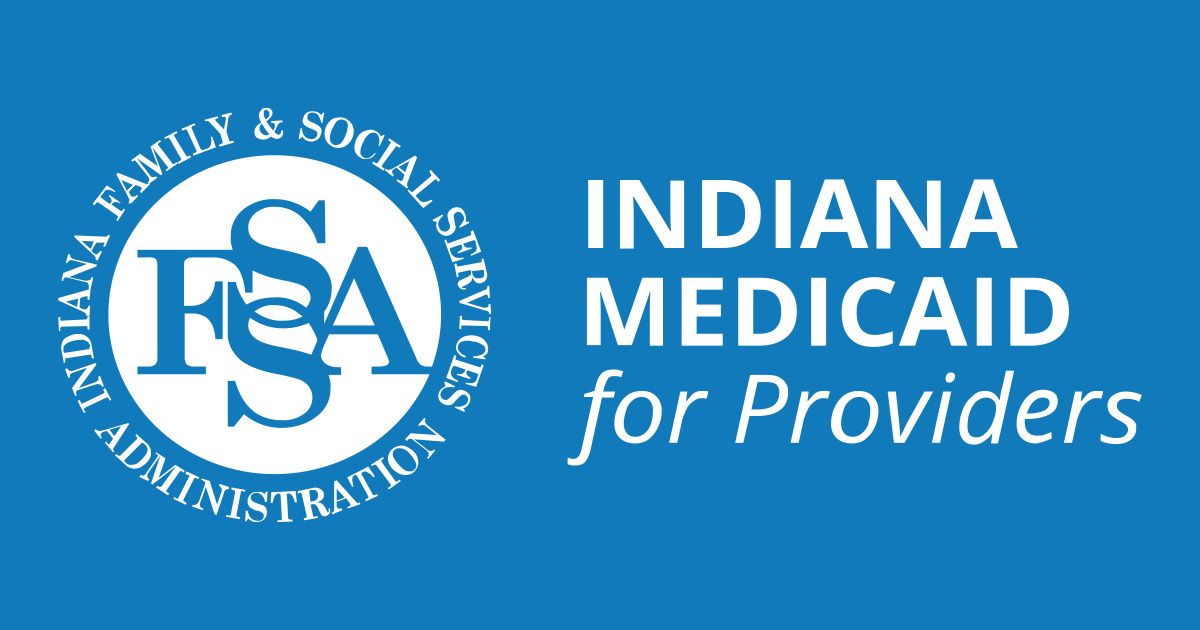 Indiana Medicaid logo on blue background. FSA seal on the left, 