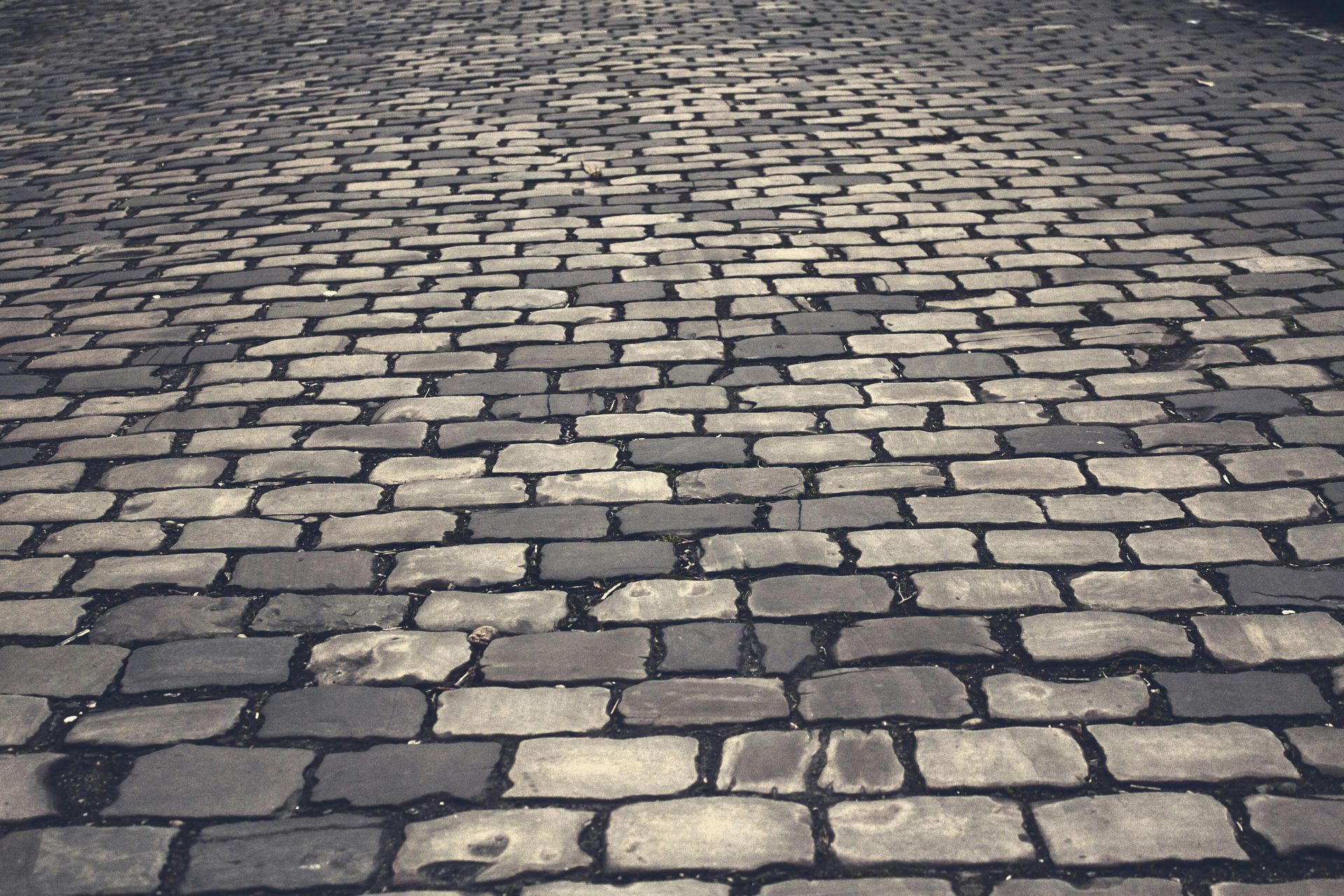 A black and white photo of a cobblestone street.