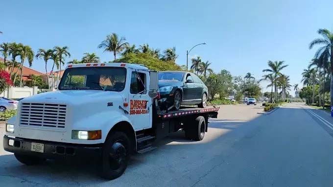 Tow truck carrying a car on a street lined with palm trees, under a blue sky.