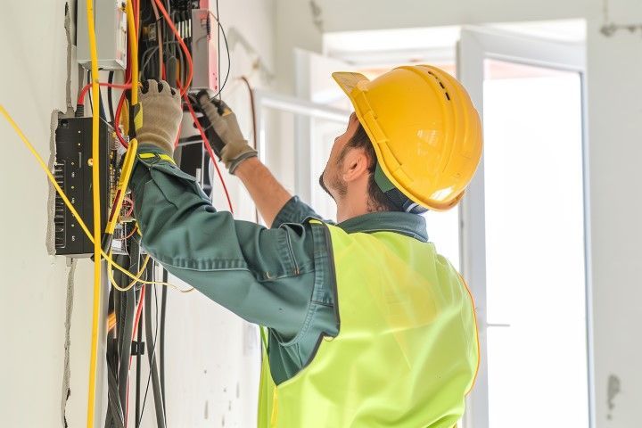 Electrician in safety gear working on electrical panel.