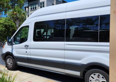 White passenger van parked on a street with dark tinted windows, palm trees and building in the background.