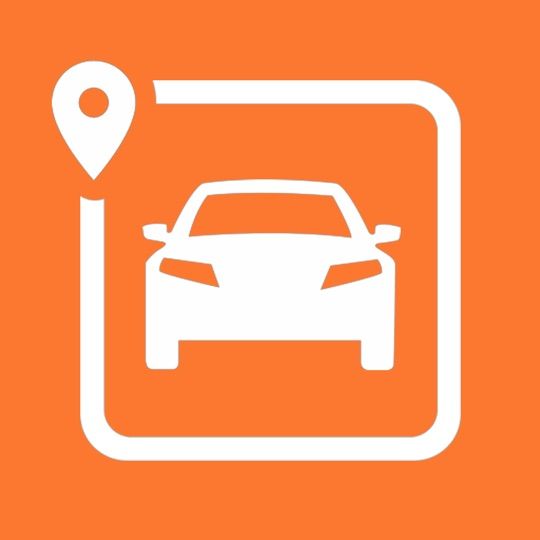 Orange app icon: white car inside white square, location pin in the top left.