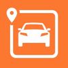 Orange app icon: white car inside white square, location pin in the top left.
