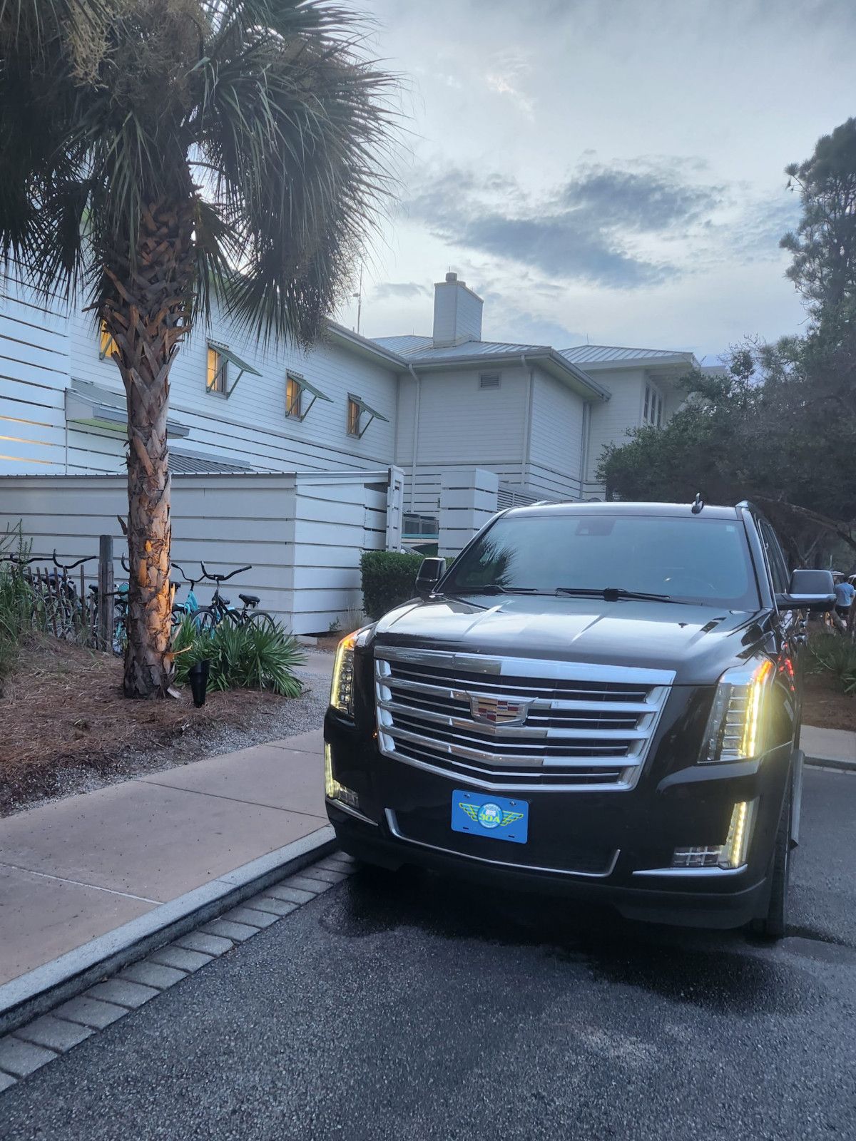 Black Cadillac Escalade parked in front of a white building with a palm tree on a cloudy day.