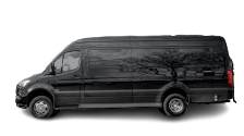 Black passenger van parked, side view. Dark tinted windows reflect a tree and sky.