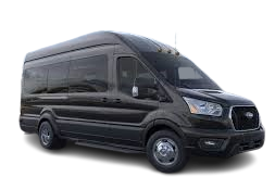 Black Ford Transit passenger van on a white background.