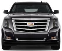 Black Cadillac Escalade, front view. Chrome grille, headlights, and Cadillac emblem.