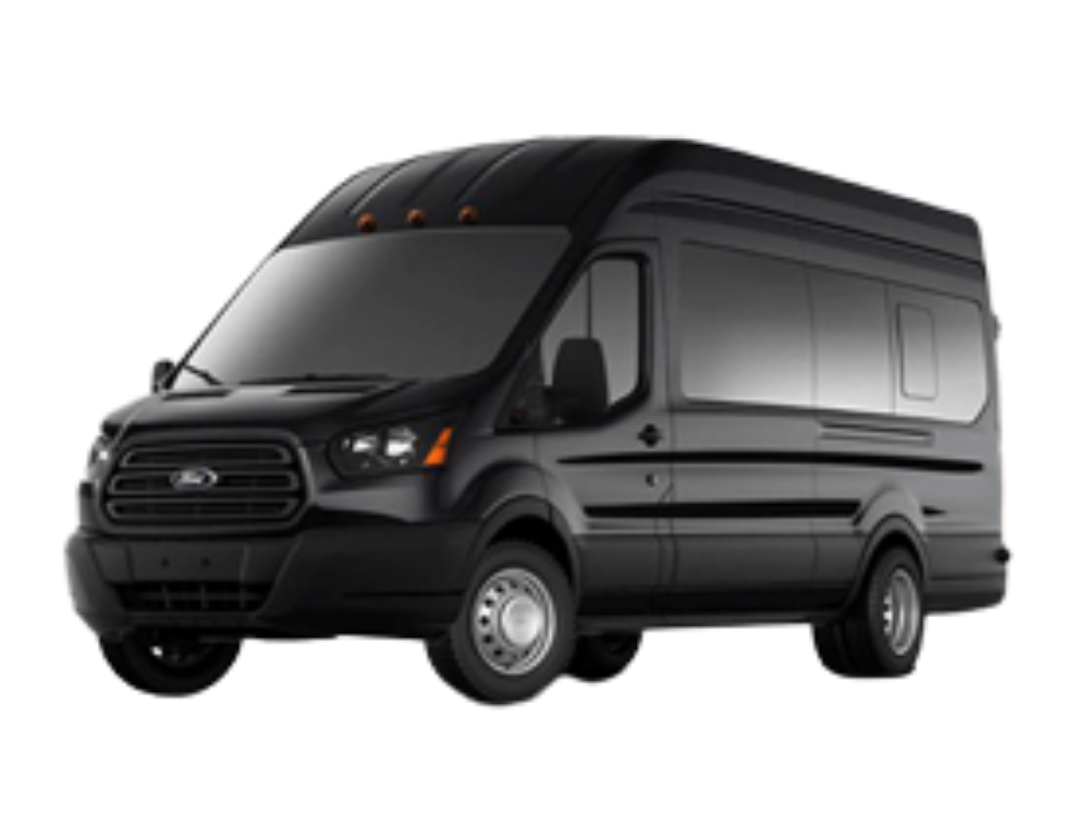 Black Ford Transit passenger van.