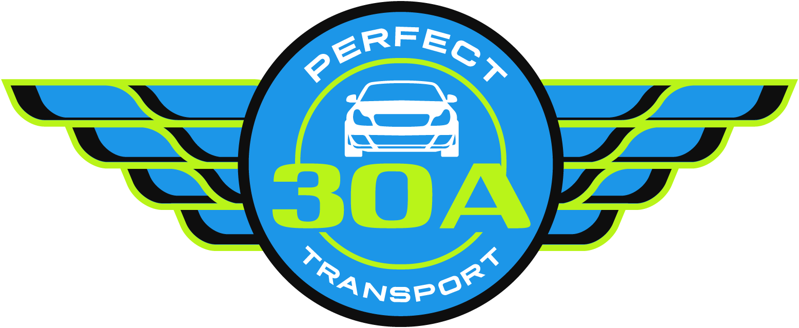 Logo for Perfect 30A Transport: a car icon inside a blue circle with the words "PERFECT" and "TRANSPORT" 