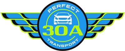 Logo for Perfect 30A Transport: a car icon inside a blue circle with the words "PERFECT" and "TRANSPORT" 