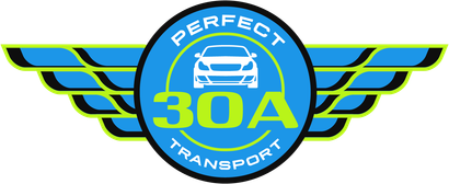 Logo for Perfect 30A Transport: a car icon inside a blue circle with the words "PERFECT" and "TRANSPORT" 