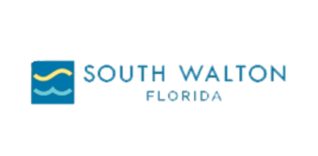 South Walton Florida logo: blue square with waves and a yellow squiggle, text 