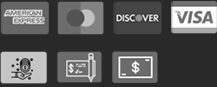 Icons for accepted payment methods: American Express, Mastercard, Discover, Visa, coin, check, and cash.