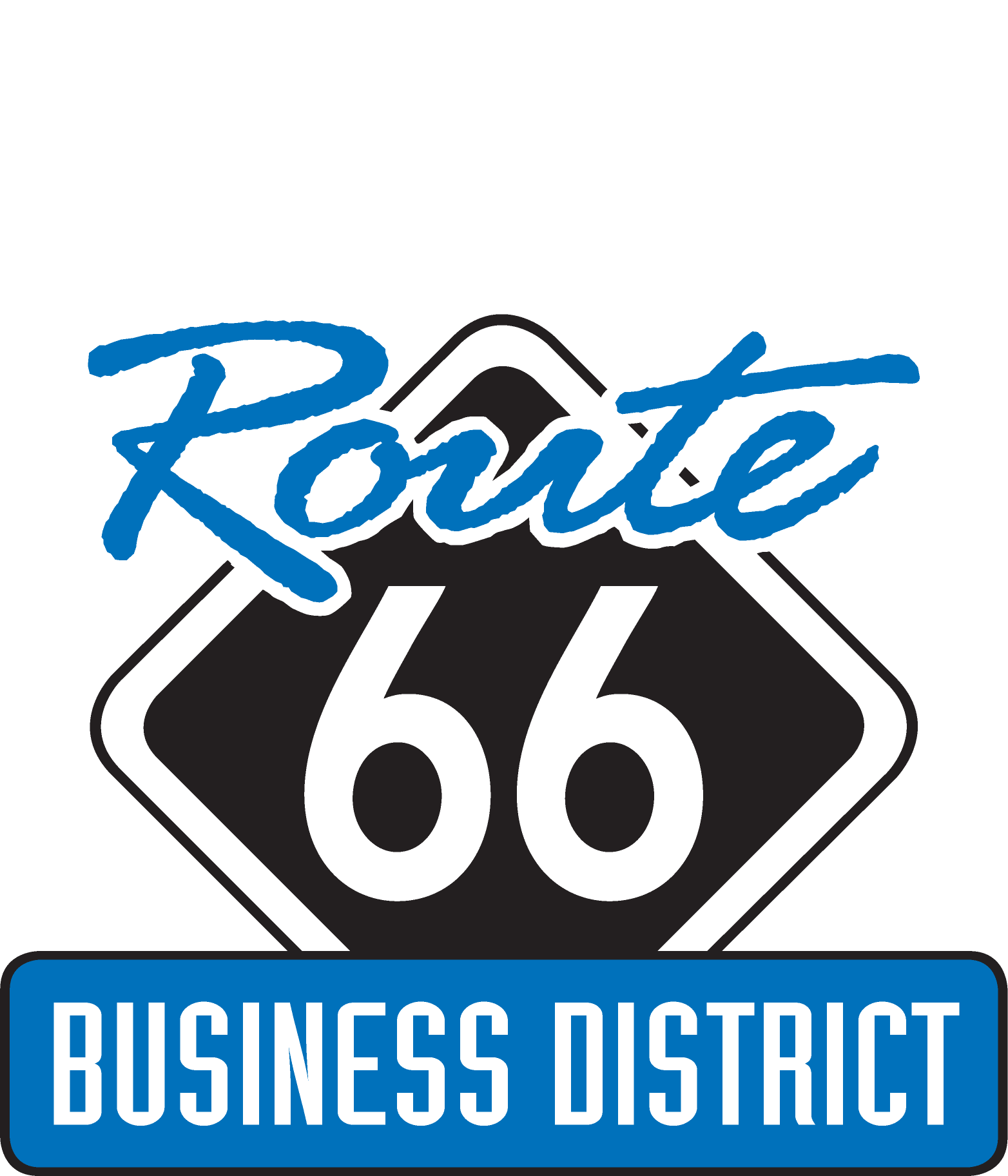 A Route 66 highway sign with a blue