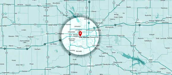 A map of a city with a red pin on it.