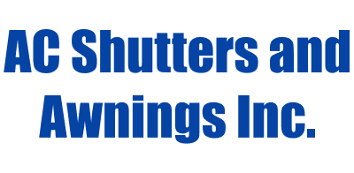 The logo for ac shutters and awnings inc. is blue and white.