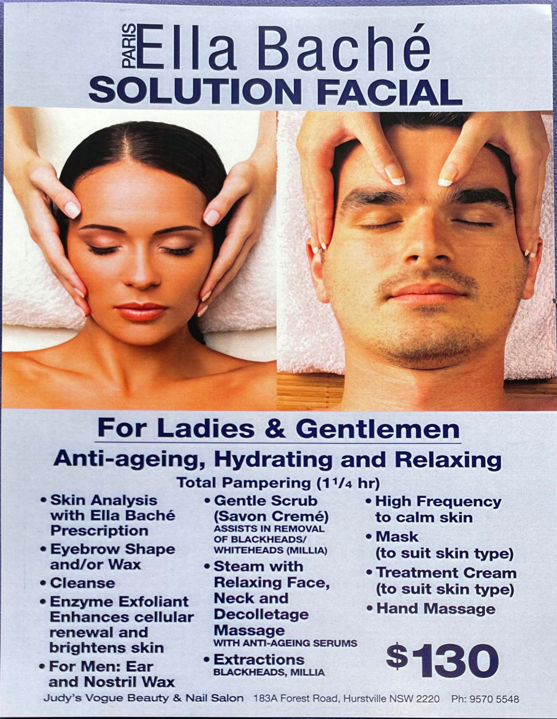 Advertisement for Ella Baché facial. Woman and man with hands on faces, listing services, and price.