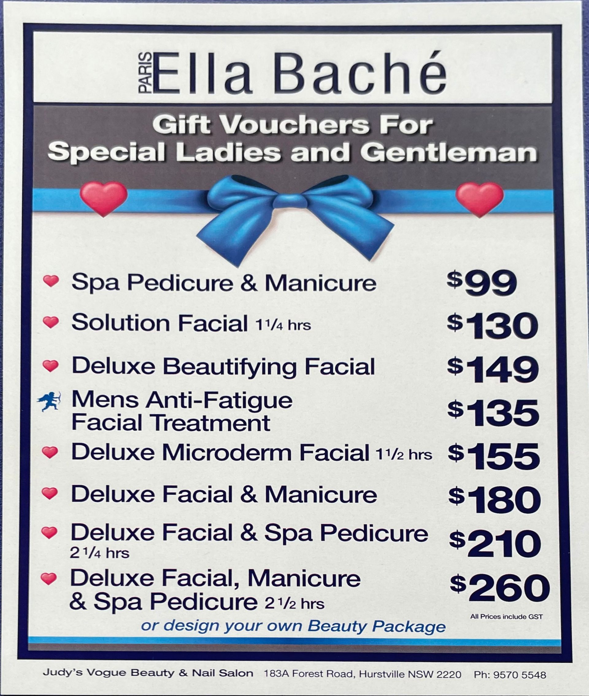 Gift voucher ad for Ella Baché spa services. Includes prices for facials, manicures, and pedicures.
