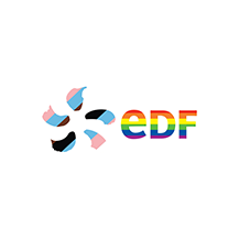 A colorful logo for edf with a rainbow flag in the background.
