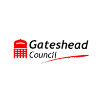 The logo for the gateshead council is red and black with a red arrow.