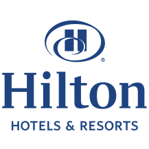 The logo for hilton hotels and resorts is blue and white.