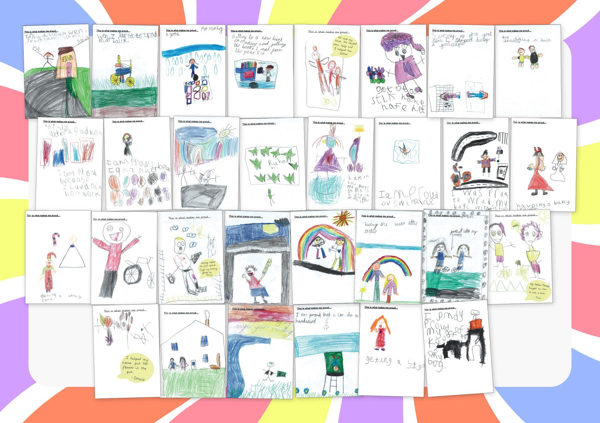 A collage of children 's drawings on a colorful background.