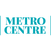 The metro centre logo is blue and white on a white background.