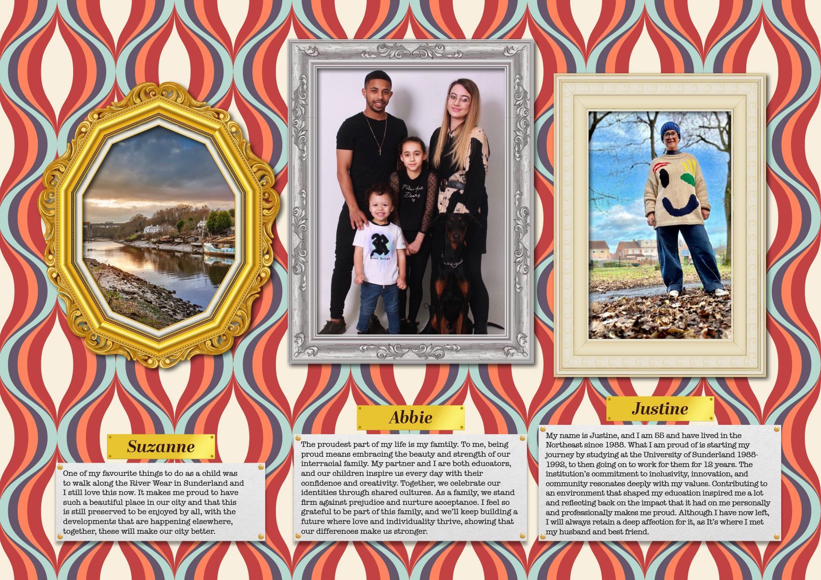 A family is standing next to each other in a picture frame.