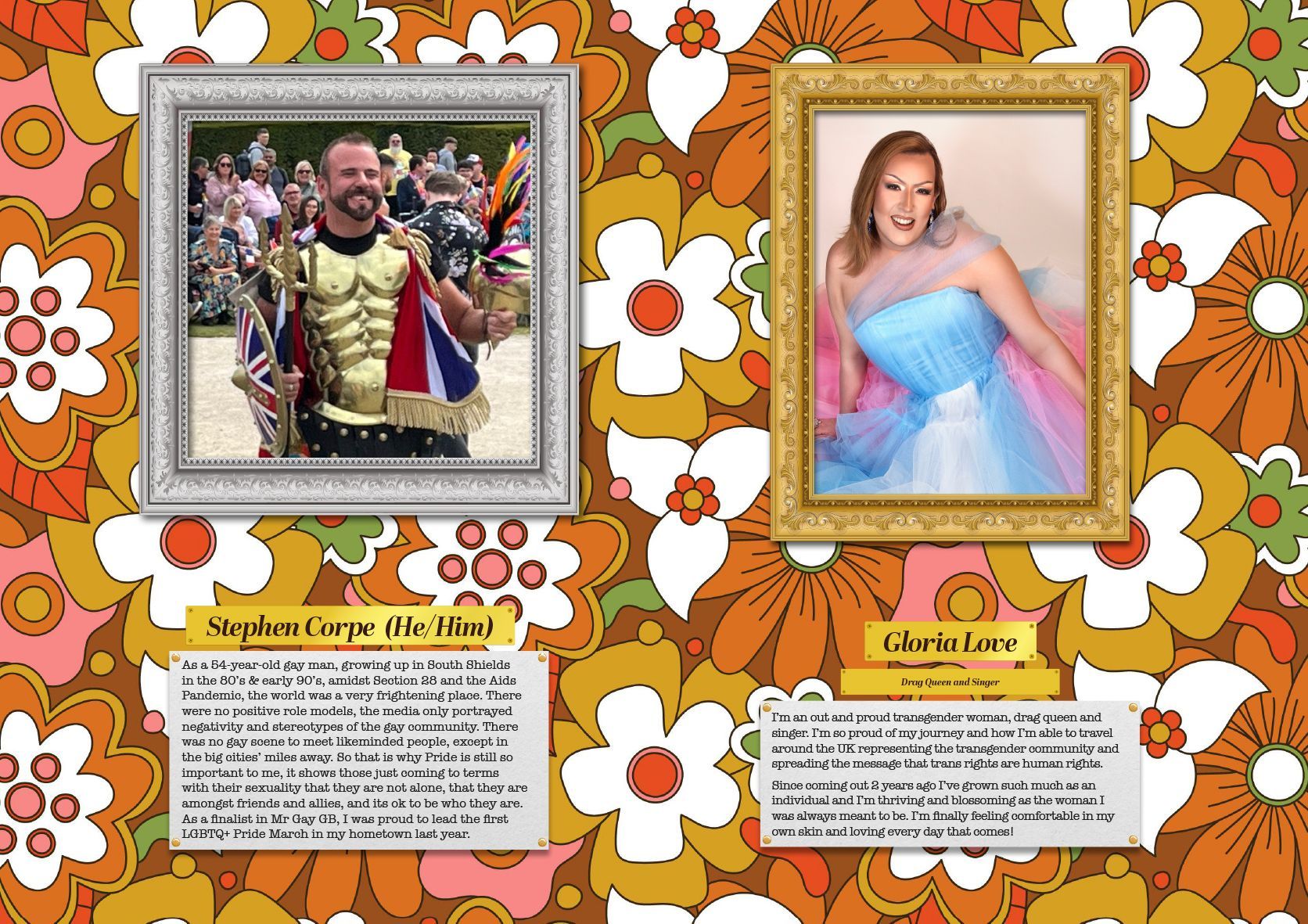 A picture of a man and a picture of a woman on a floral background