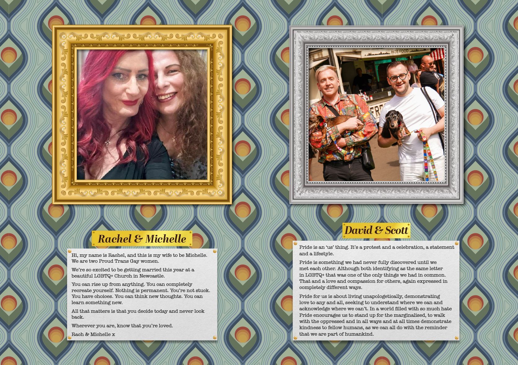 A couple of pictures of a woman and a man on a peacock patterned background.