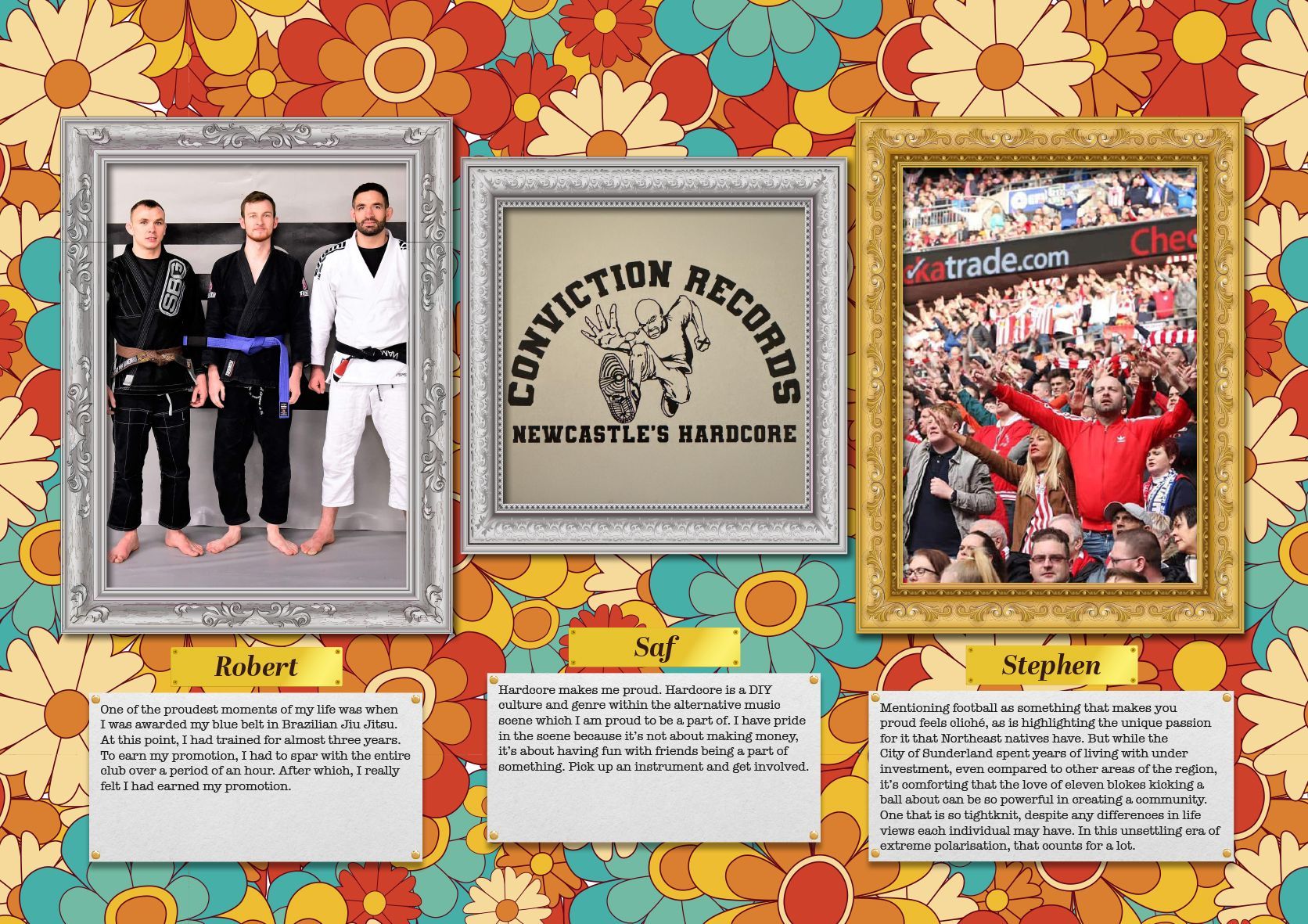 A framed picture of a man with the words conviction records on it