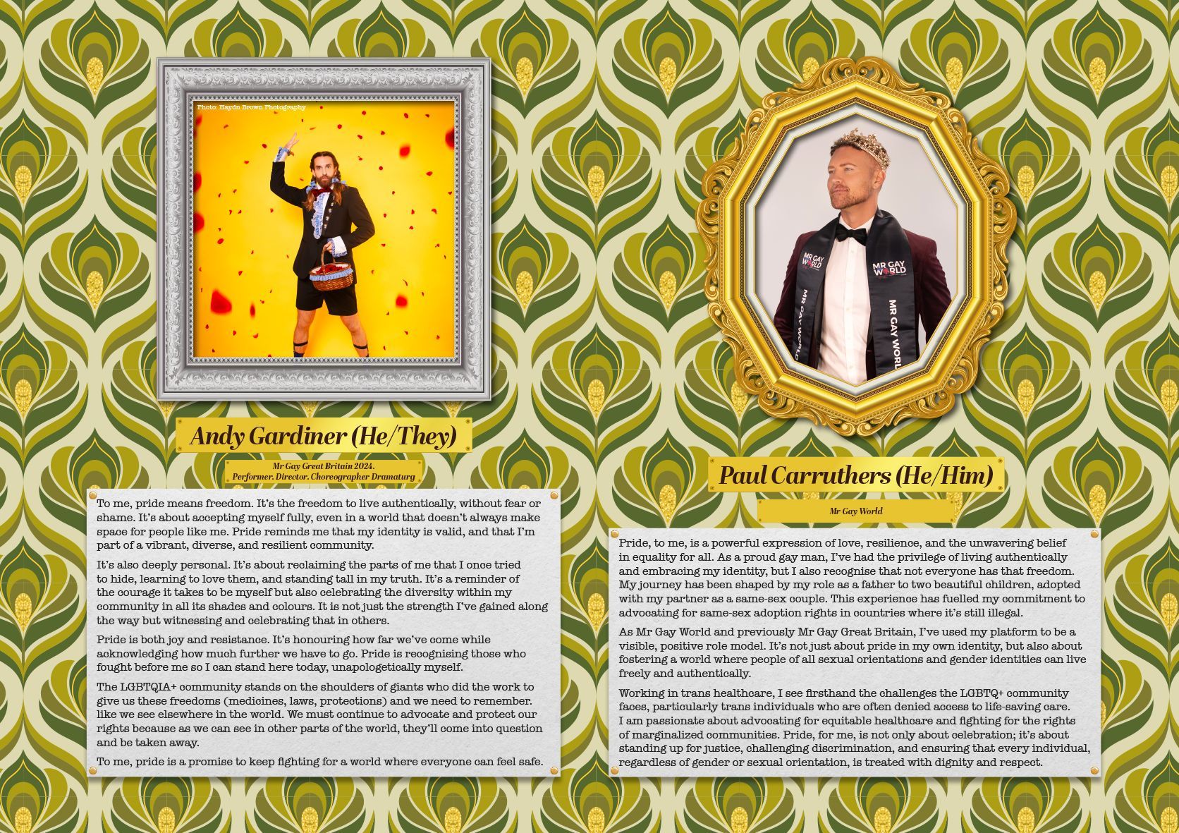 A man in a tuxedo is standing in front of a peacock patterned wall.