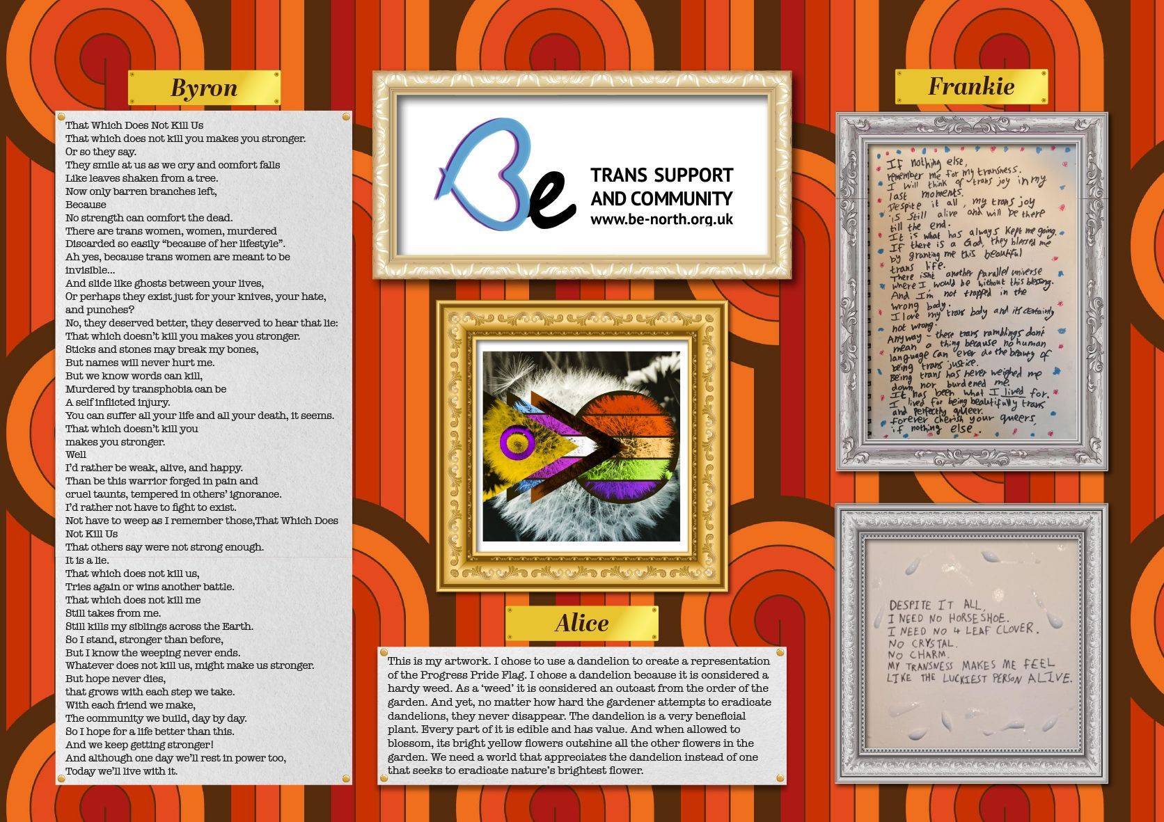 A collage of papers and a painting with the word be on it