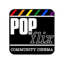 A pop and flix community cinema logo on a white background