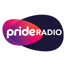 The pride radio logo is a purple and red oval.