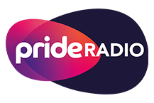 The pride radio logo is a purple and red circle with the words pride radio written on it.