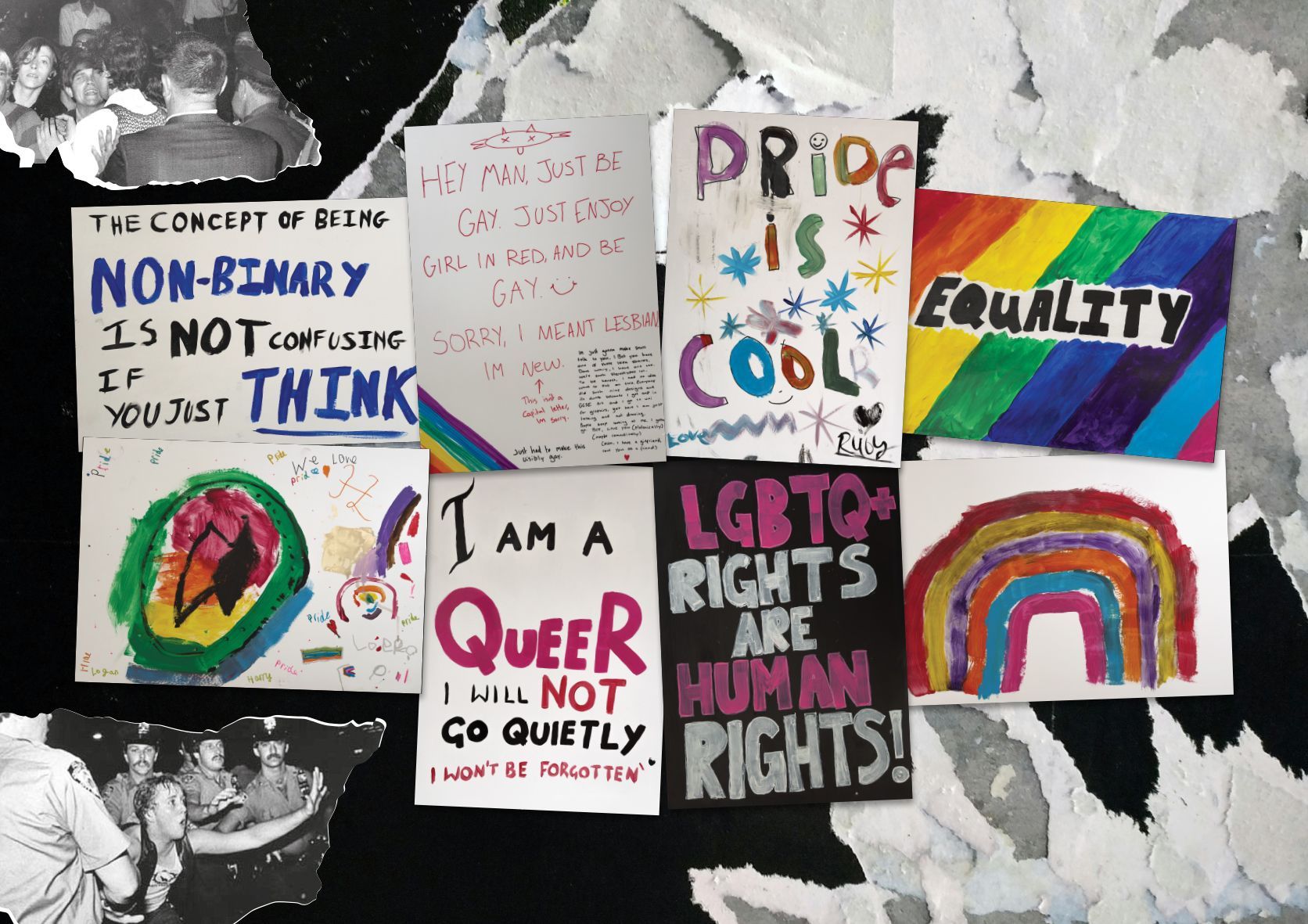 A collage of posters including one that says pride is cool