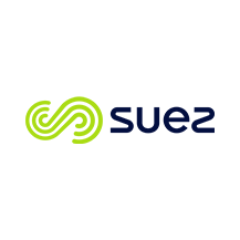 The suez logo is green and blue and looks like a swirl.