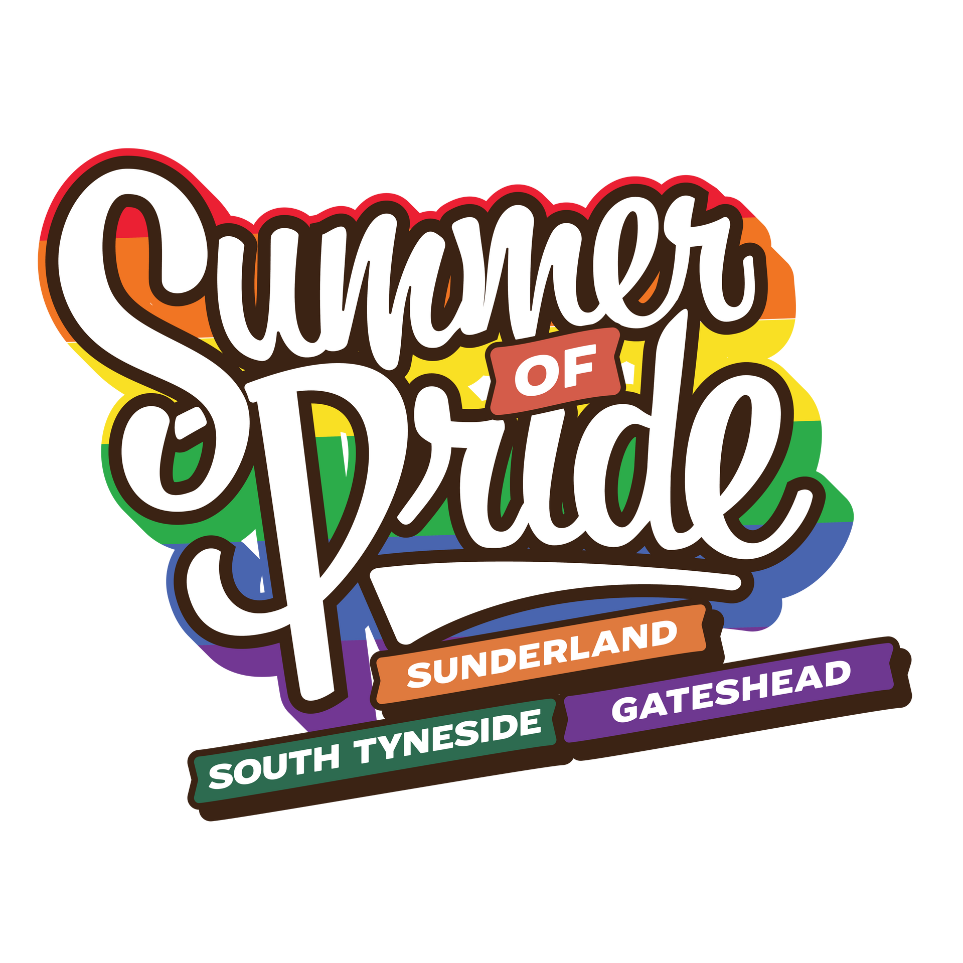 The logo for summer of pride is a rainbow colored logo.