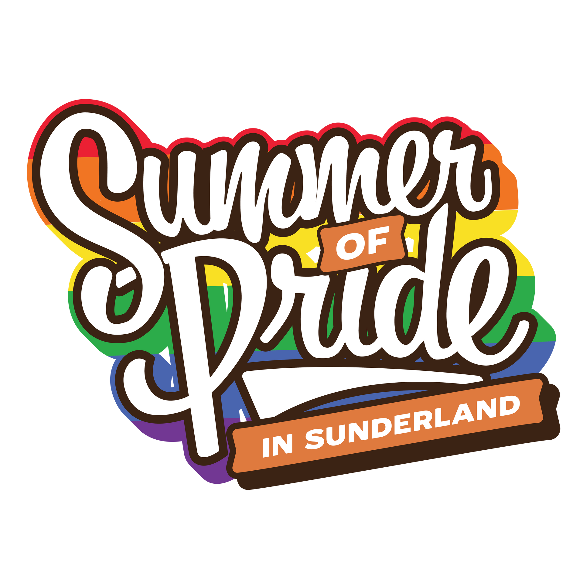 A logo for summer of pride in sunderland with a rainbow background.