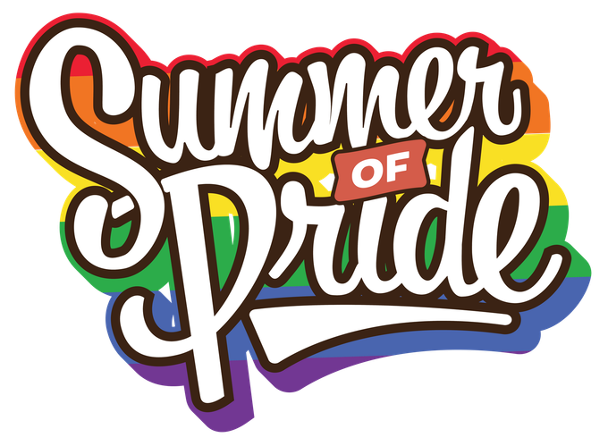 A logo for summer of pride with a rainbow background.