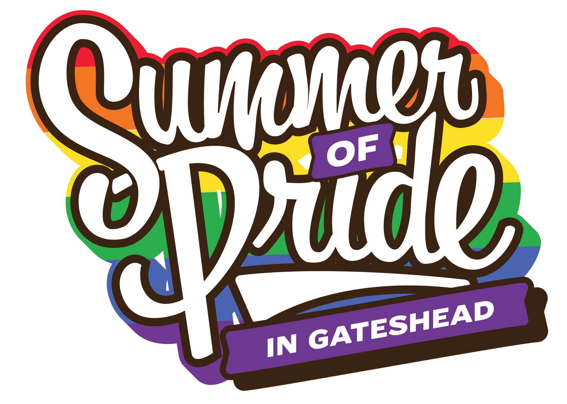 A logo for summer of pride in gateshead with a rainbow background.