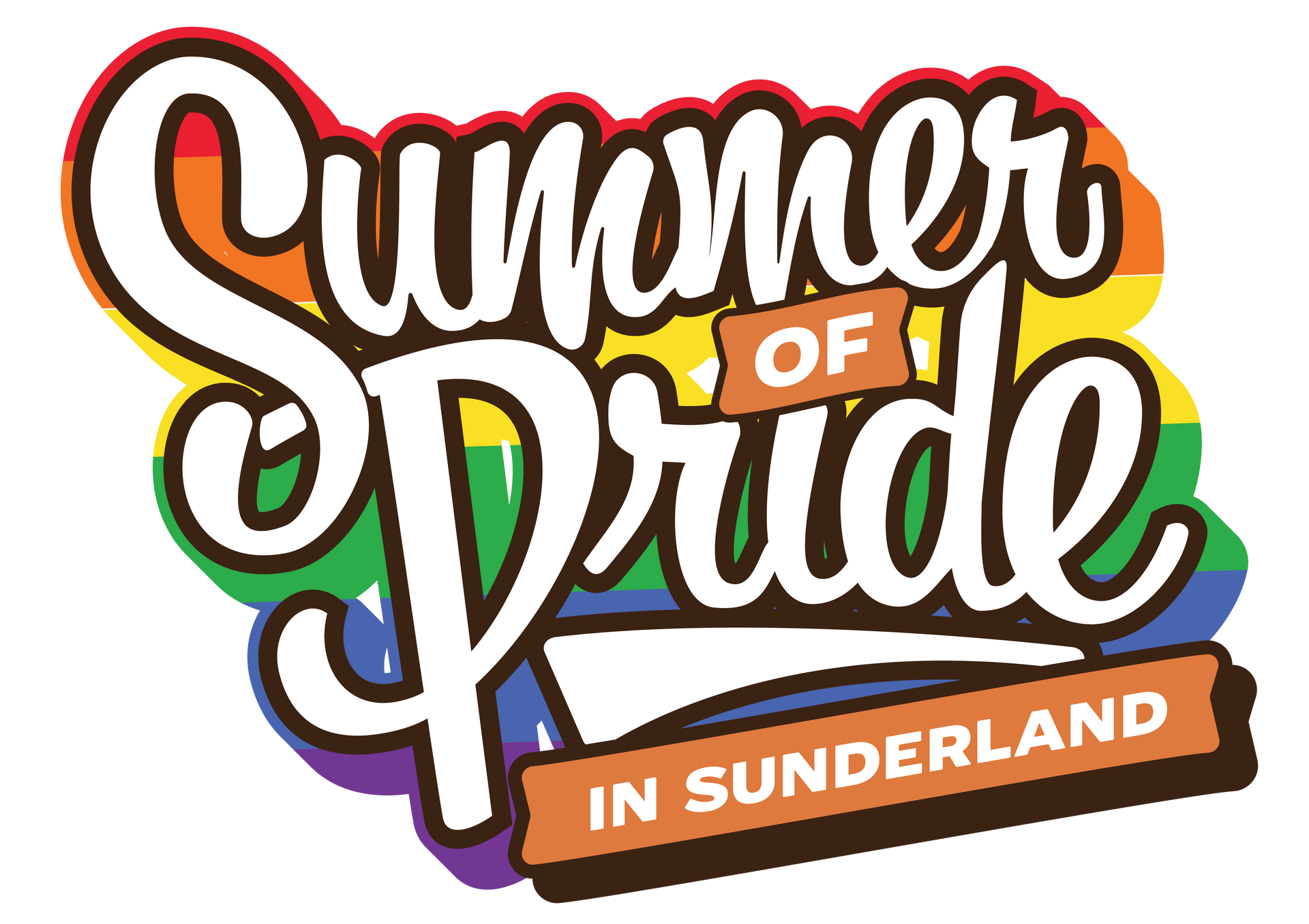 A logo for summer of pride in sunderland with a rainbow background.