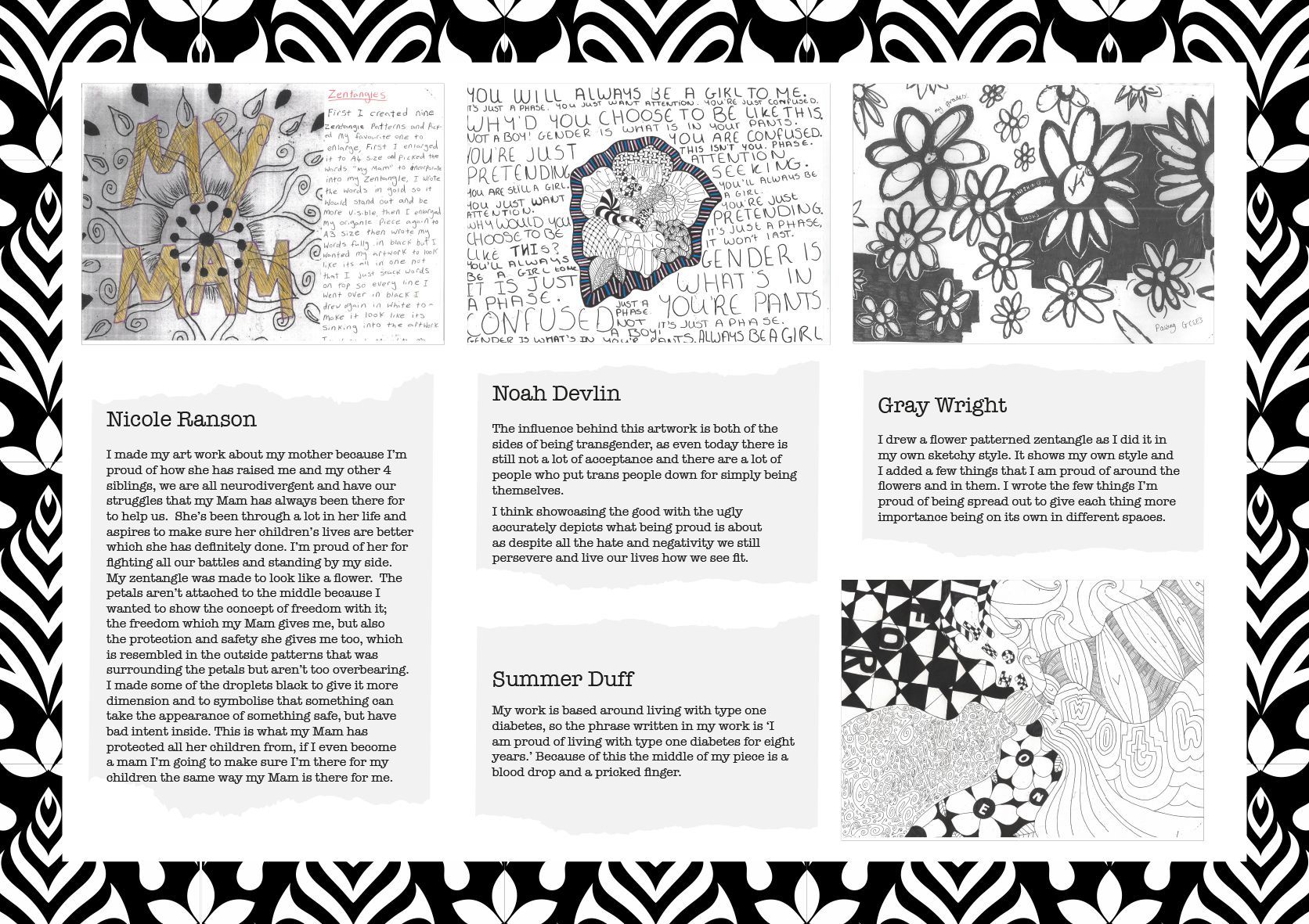 A black and white collage of images with a zebra print background.